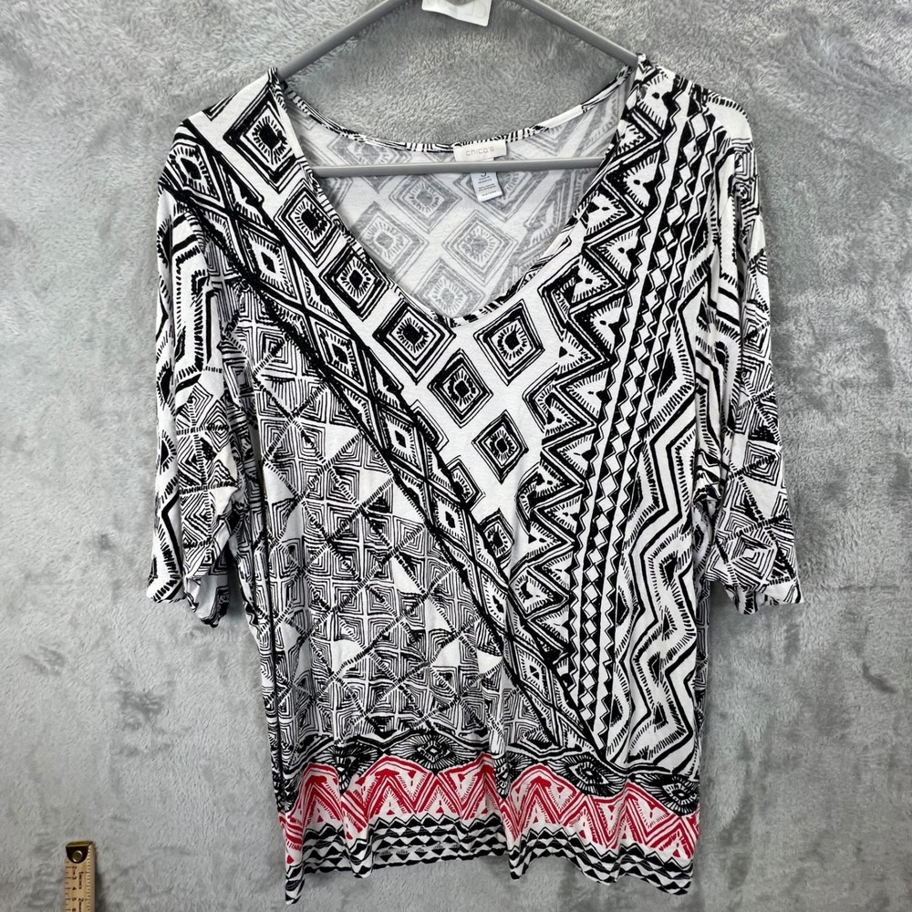 Chico's Geometric Tribal V-Neck Elbow Sleeve Tunic Top White‎ Black Red Size 3